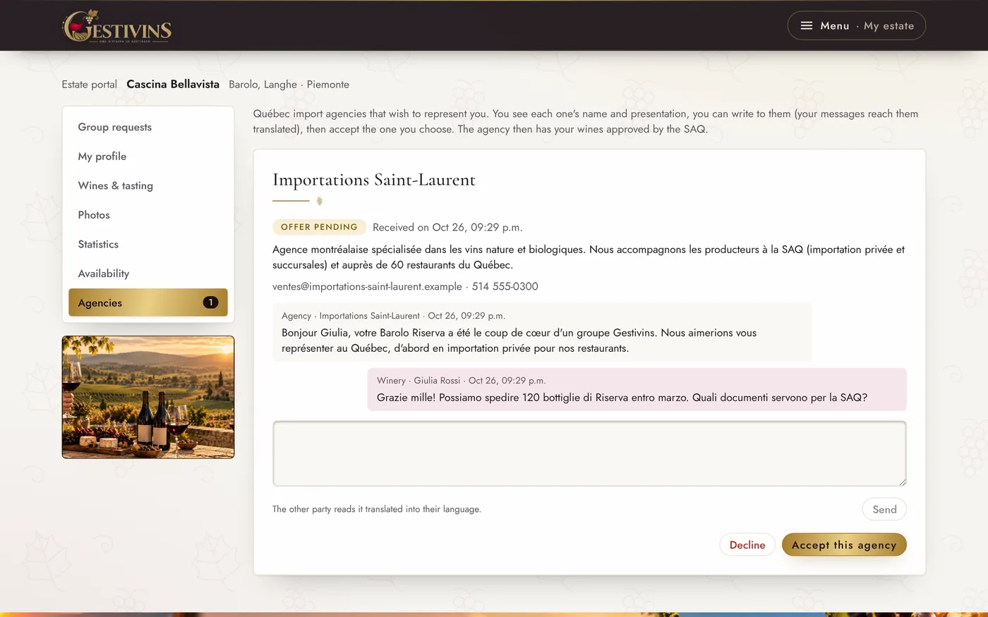 Screenshot of the Gestivins software: Wineries