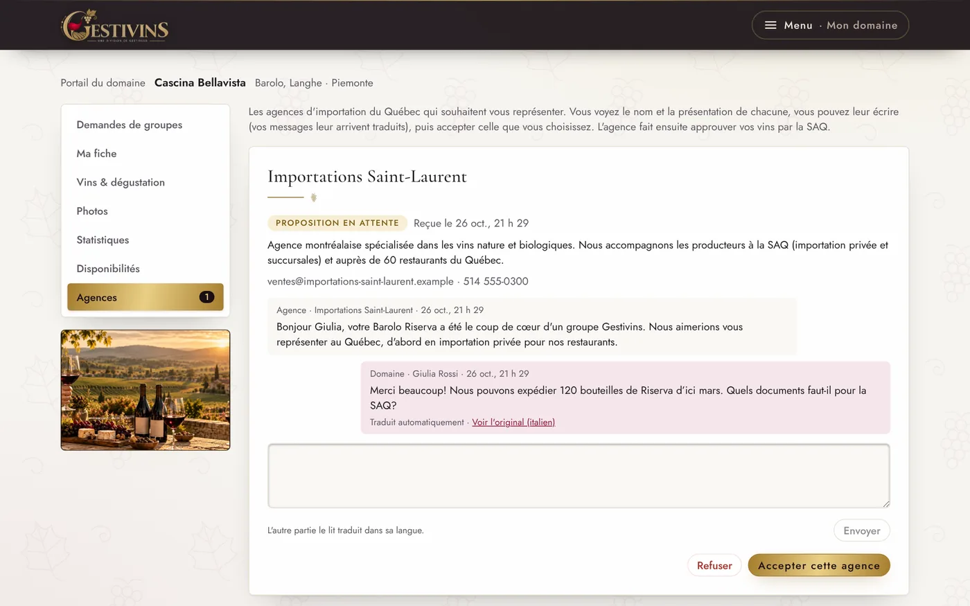 Capture d’écran du logiciel Gestivins : Domaines viticoles