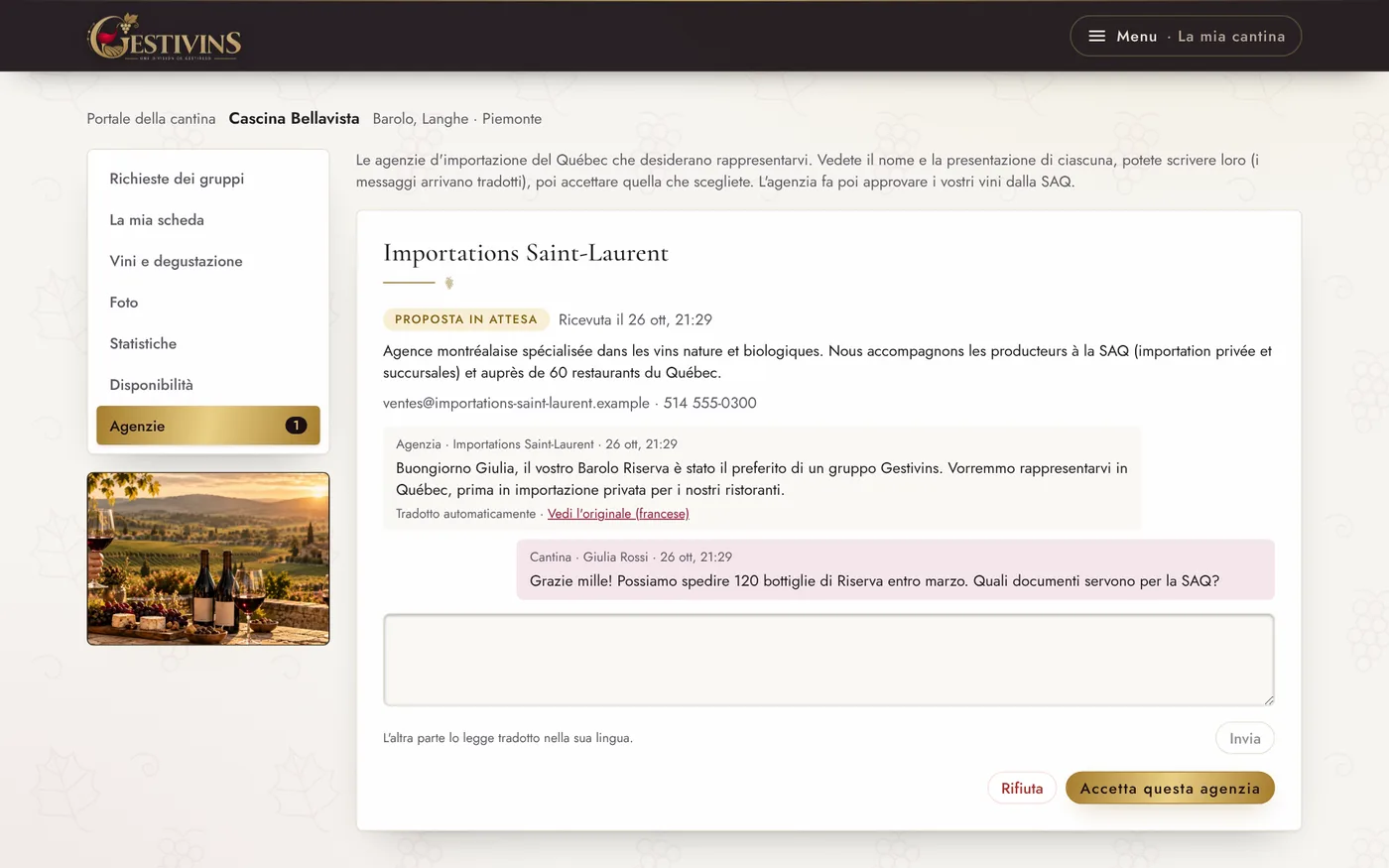 Schermata del software Gestivins: Cantine