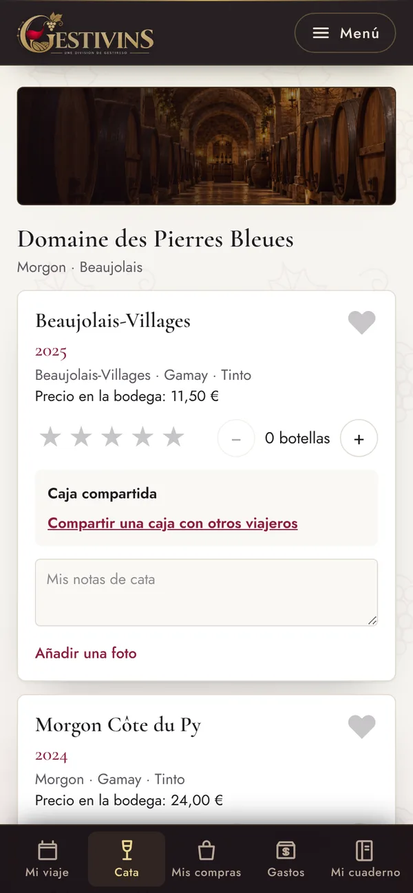 Captura del software Gestivins: Viajeros