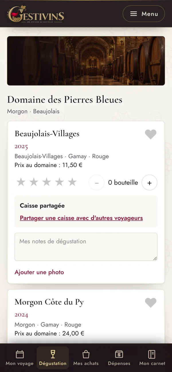 Capture d’écran du logiciel Gestivins : Voyageurs
